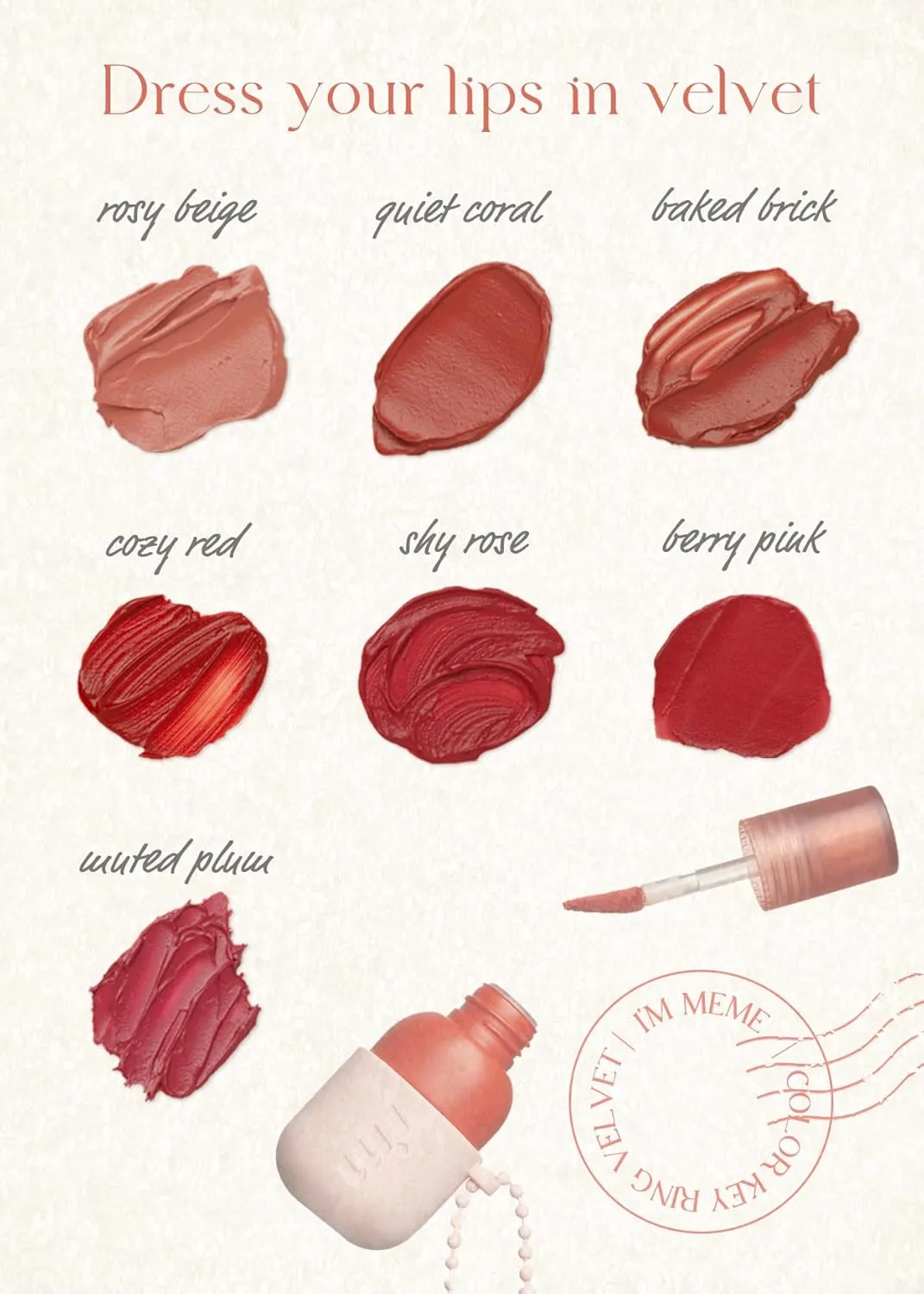 I'M MEME Lip Stain - Color Key Ring Velvet Tint - Gift, Highly-pigmented, Long Lasting, Travel-Friendly, Velvet Finish, 04 Cozy Red, 2.8 g