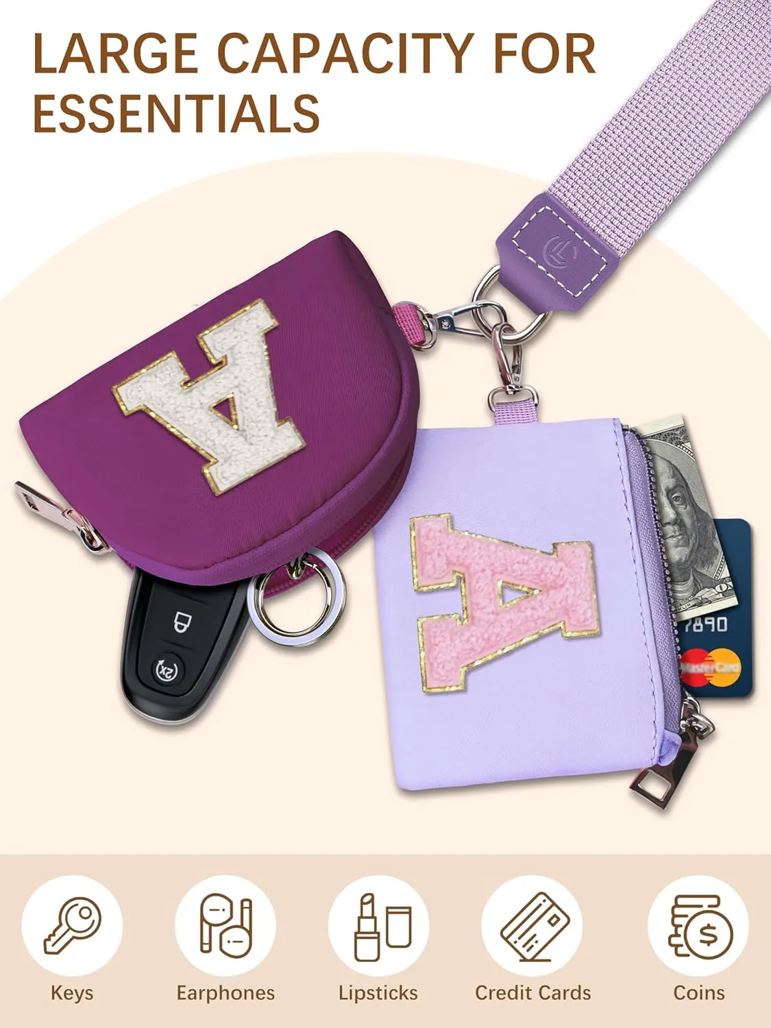 Initial Wristlet Wallet for Women,Small Dual Pouch Wristlet,Personalised Keychain Wallet,Mini Zip Around Coin Pouse