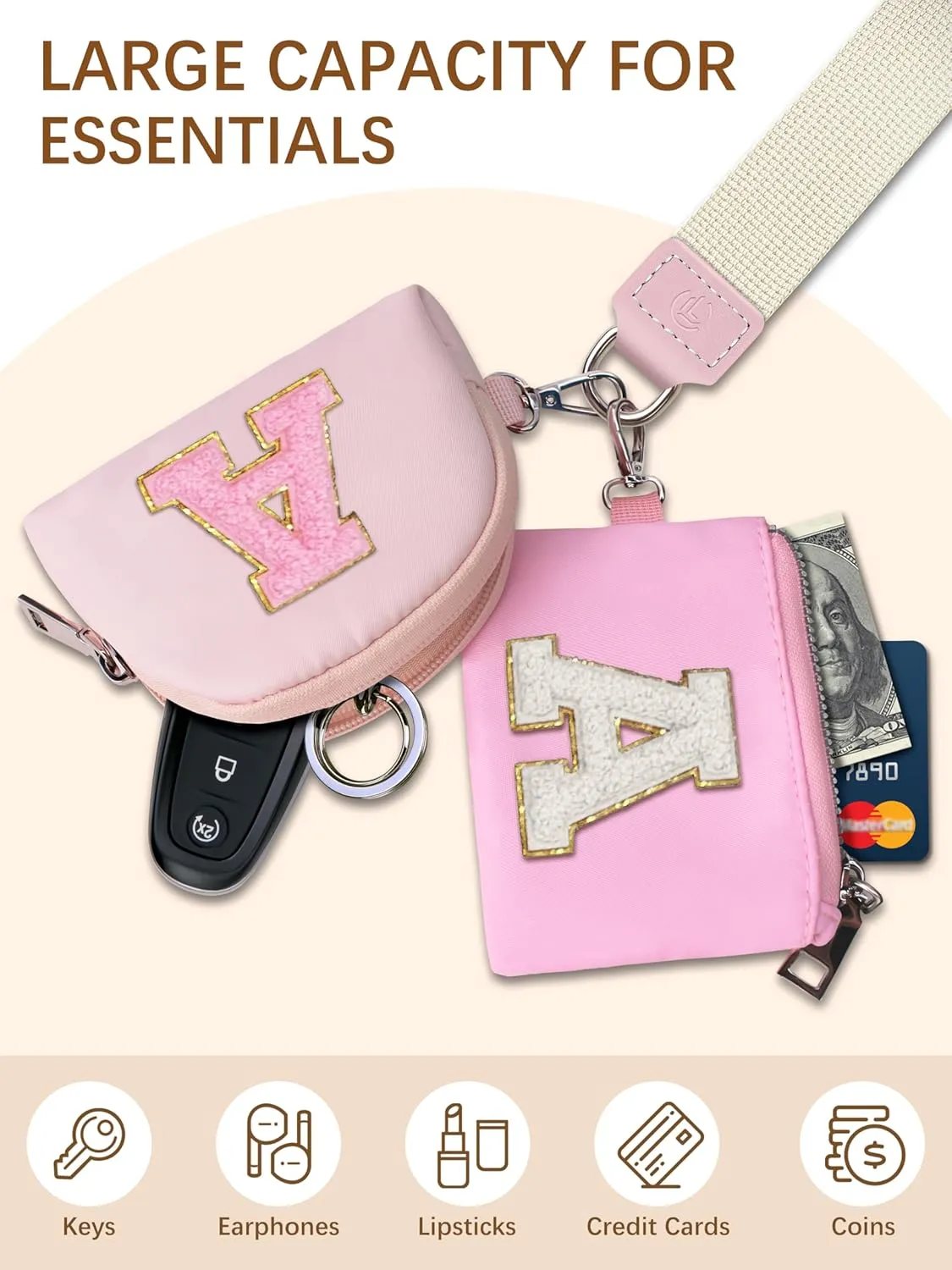Initial Wristlet Wallet for Women,Small Dual Pouch Wristlet,Personalised Keychain Wallet,Mini Zip Around Coin Pouse