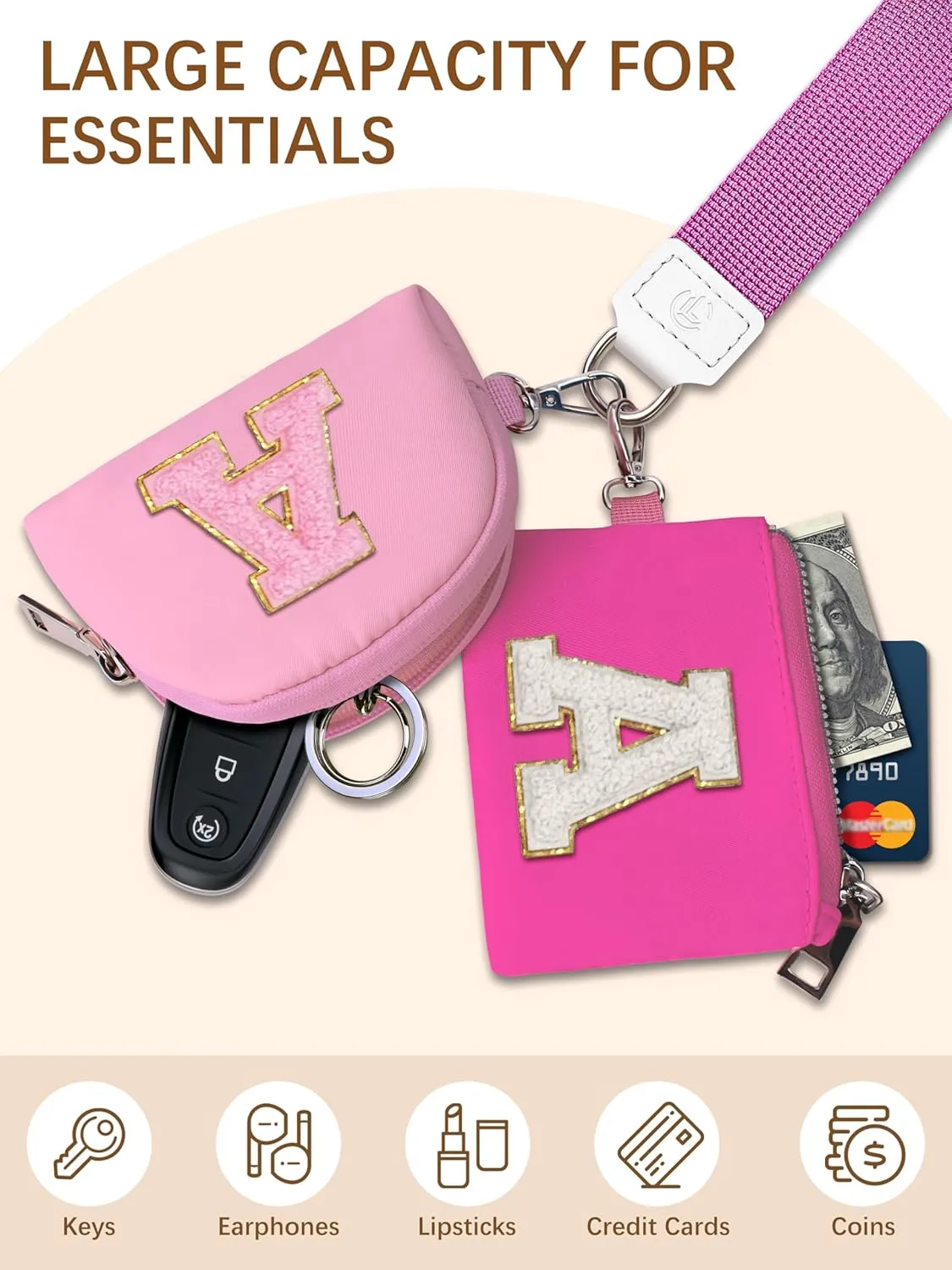Initial Wristlet Wallet for Women,Small Dual Pouch Wristlet,Personalised Keychain Wallet,Mini Zip Around Coin Pouse