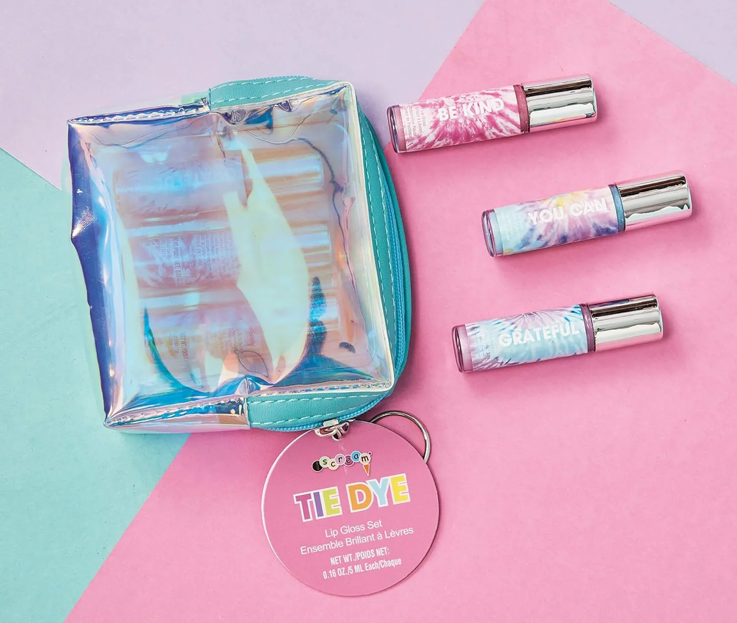 iscream Tie Dye 3-piece Mini Lip Gloss Set in Holographic Zipper Case