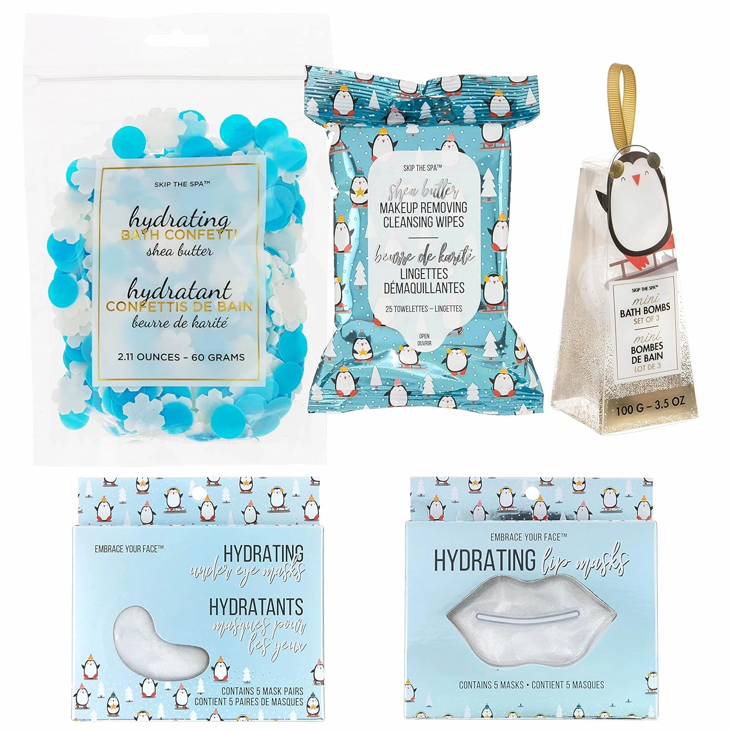 Jean Pierre Cosmetics Beauty SILVER Holiday Bundle, Make-Up Remover Cleansing Wipes   Bath Bomb Ornaments   Hydrating Lip Masks   Hydrating Under-Eye Masks   Bath Confetti White/Blue Snowflakes