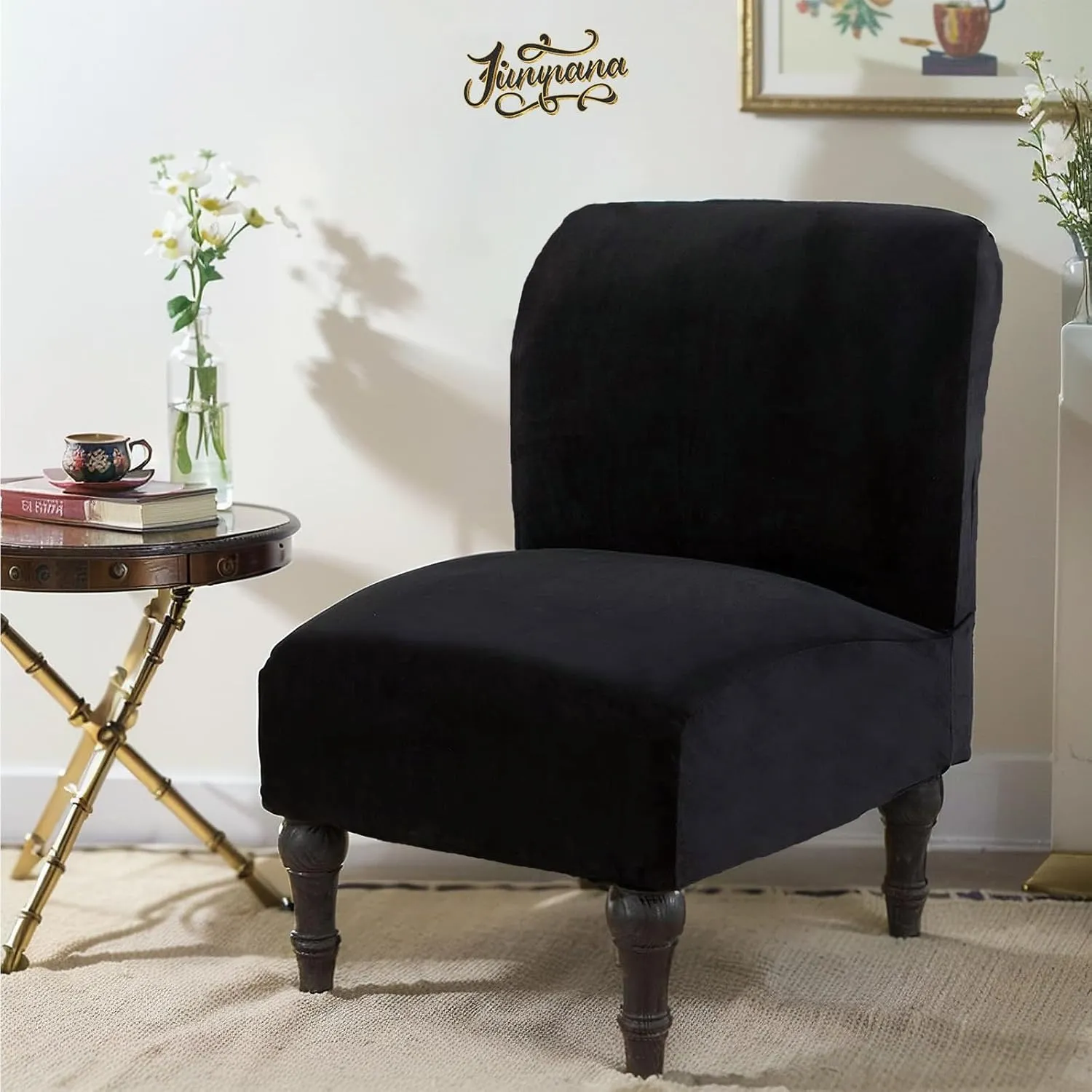 JIAN YA NA Armless Accent Chair Cover, Stretch Armless Chair Slipcover Velvet Armless Chair Covers Slipper Chair Slipcover Furniture Protector Covers for Living Room Bedroom(Velvet, Black)