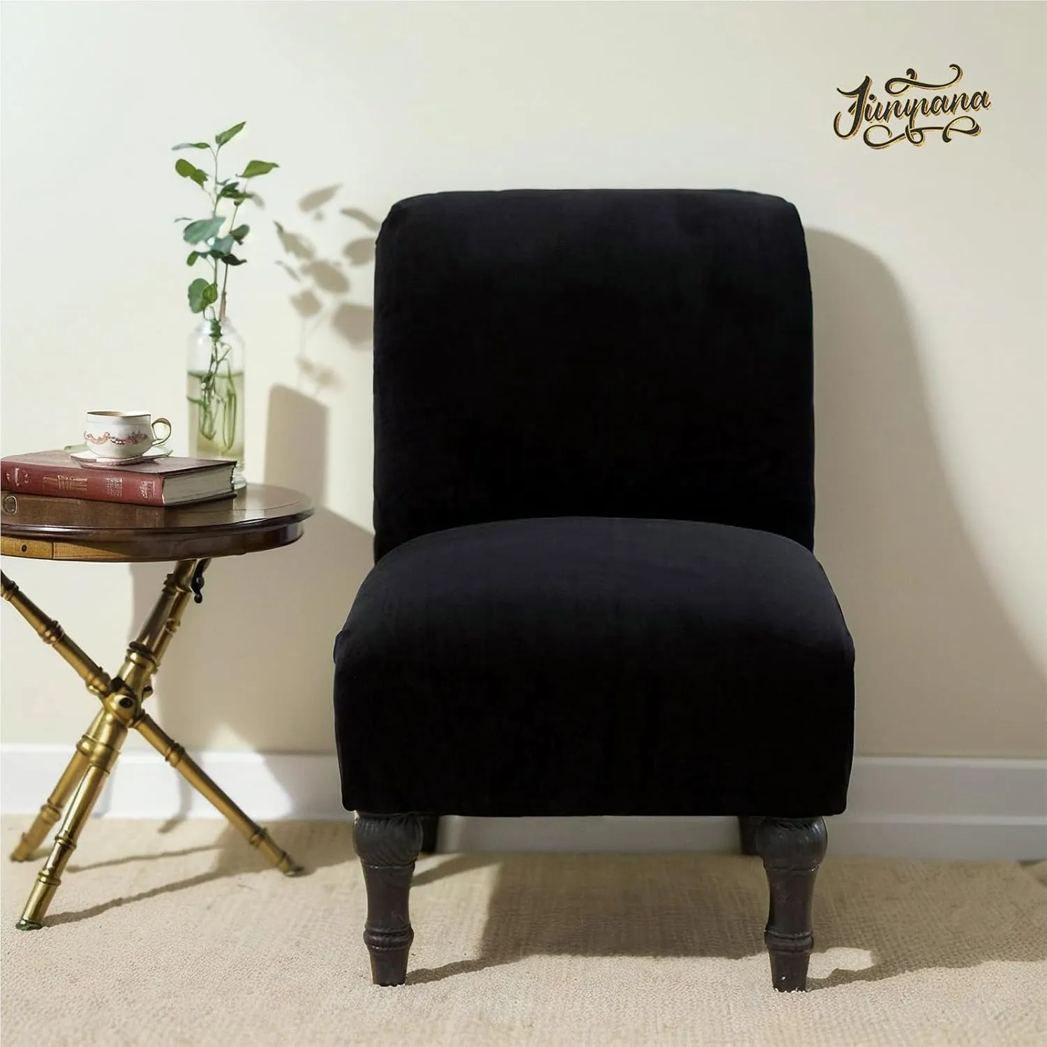 JIAN YA NA Armless Accent Chair Cover, Stretch Armless Chair Slipcover Velvet Armless Chair Covers Slipper Chair Slipcover Furniture Protector Covers for Living Room Bedroom(Velvet, Black)