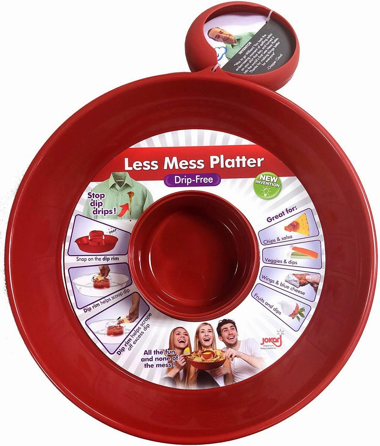 Jokari Less Mess Drip Free Chips and Dip 14 Inch Serving Bowl. Rimmed Platter to Scrape Extra Dip, Sauce, Queso, Salsa Guac or Dressing Off Chips, Fruit, Veggies, Soft or Hard Pretzels, Wings and More