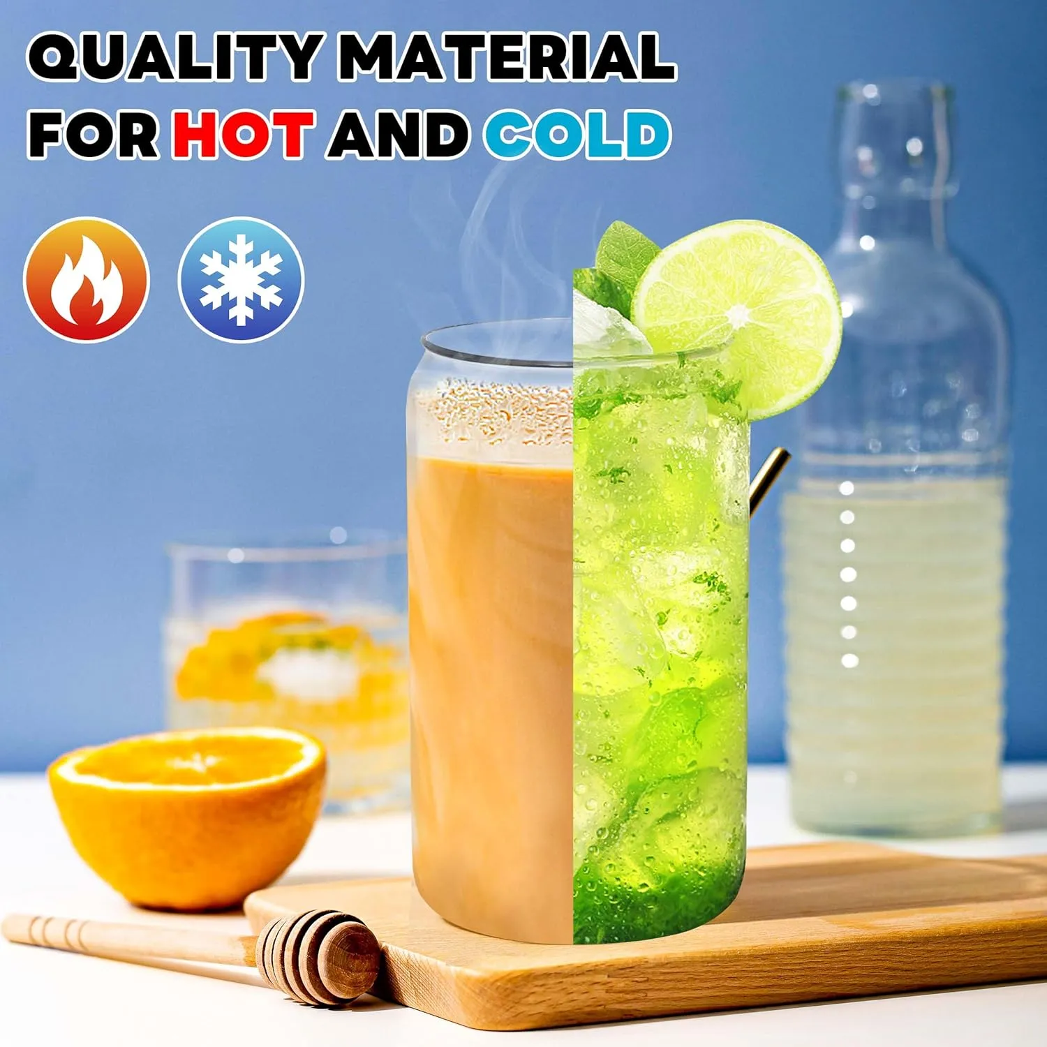 Joyclub Glass Cups with Bamboo Lids and Straws 8 Set 16 oz Reusable Iced Coffee Cup Beer Can Drinking Jars for Smoothie Whiskey Boba Soda Tea Gift