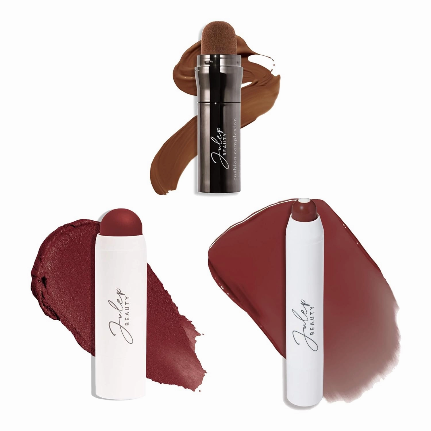 Julep All-in-One Beauty Trio: Cushion Complexion Foundation Espresso, Skip the Brush Blush Stick Passion Fruit, and It’s Balm Tinted Lip Balm Cherry Rose