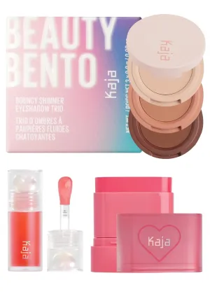 Kaja Beauty Bento Collection - Bouncy Eyeshadow Trio 13 Velvet Dream, 0.03 Oz   Juicy Glass Lip Plumping Oil 02 Raspberry Refresher   Dewy Bar 02 Strawberry Sorbet,10g Bundle