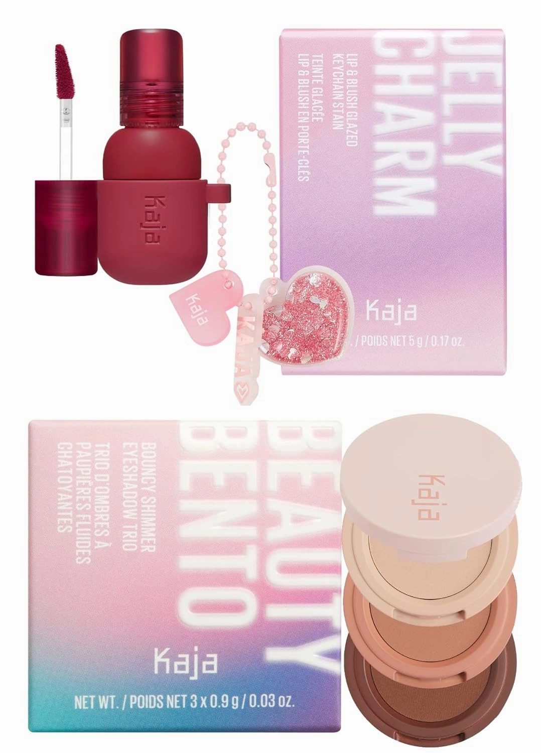 Kaja Lip & Blush Glazed Keychain Stain - Jelly Charm 02 Squeeze Guava   Beauty Bento Collection - Bouncy Eyeshadow Trio 13 Velvet Dream, 0.03 Oz Bundle
