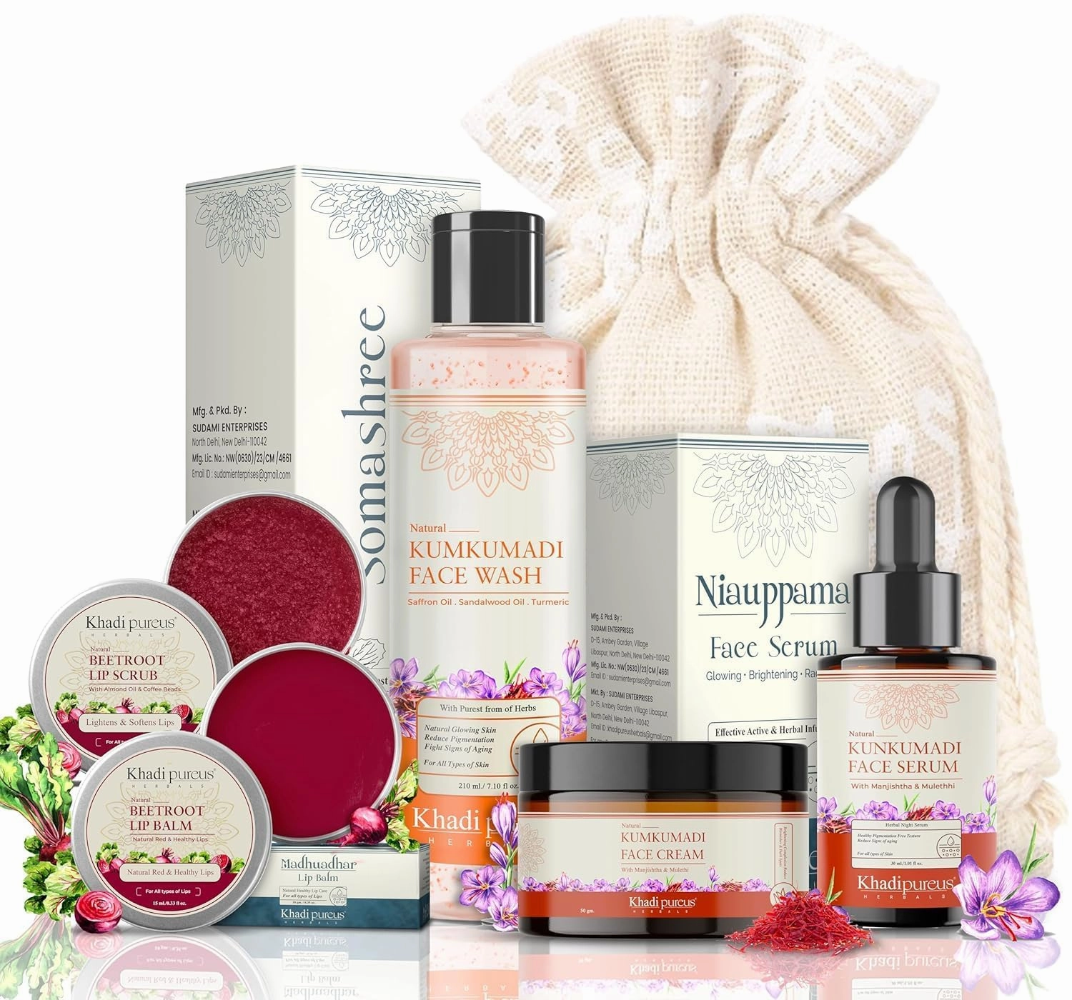 Khadii Pureus Herbals Kumkumadi Complete Kit (Face Serum Night Cream Face Wash  Beetroot Lip Balm & Lip Scrub) for Natural Radiance & Healthy Lips | Combo for Glowing Skin for Women & Men