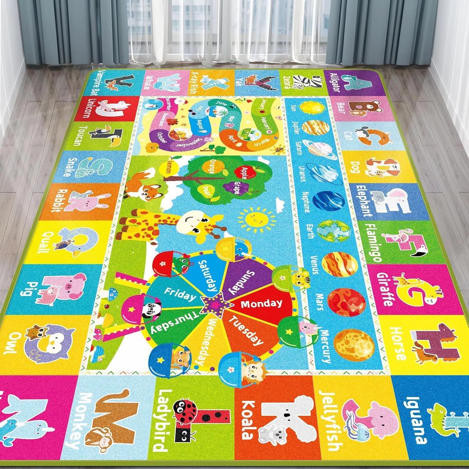 Kids ABC Educational Rug for Playroom & Classroom - Animal, Fruit, Planet Learning Rug (78.7 X 59 INCH)