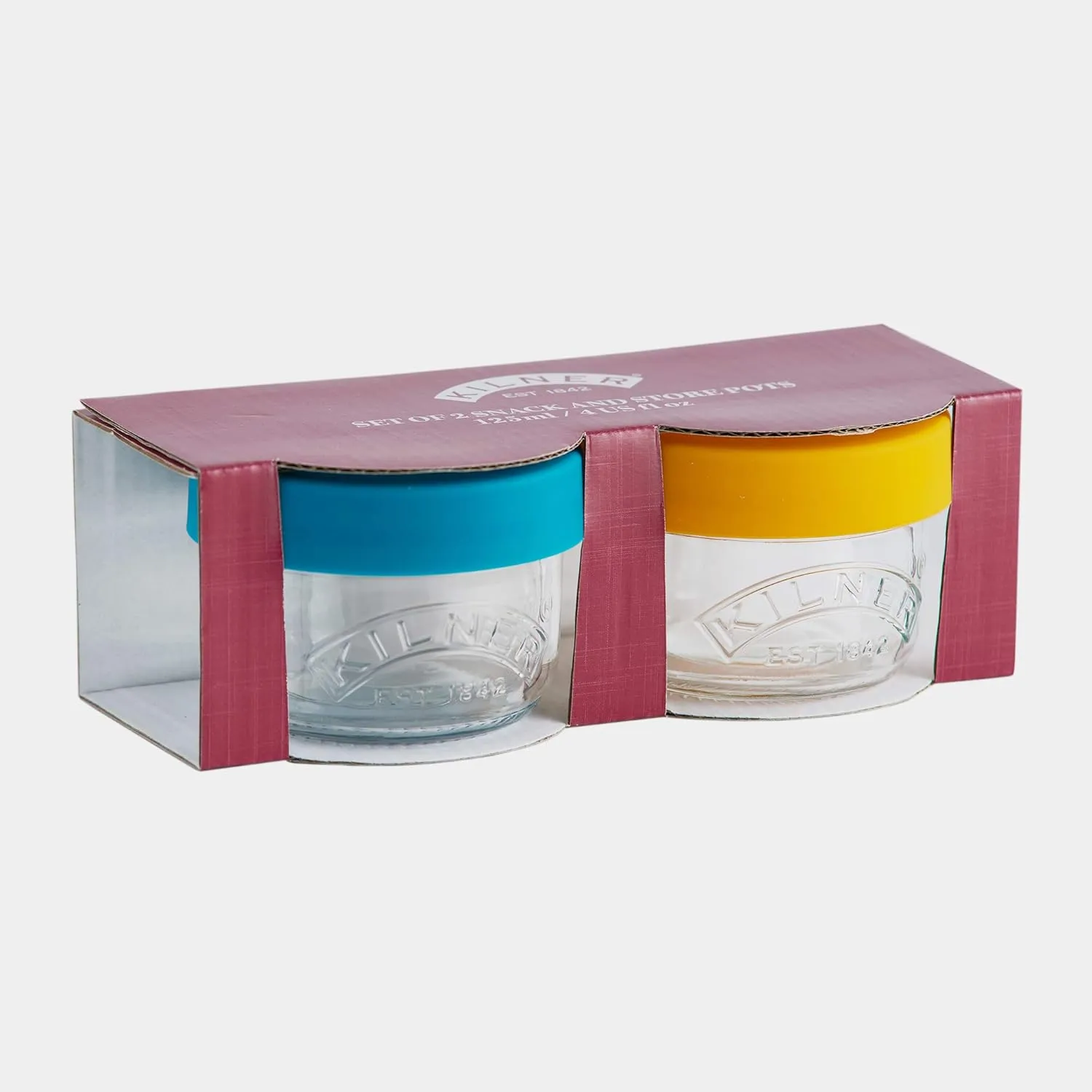 Kilner 0025.024 Set of 2 Glass Snack and Store Pots 125ml with Push Top Silicone Lids | Perfect for Snacks & Food Storage