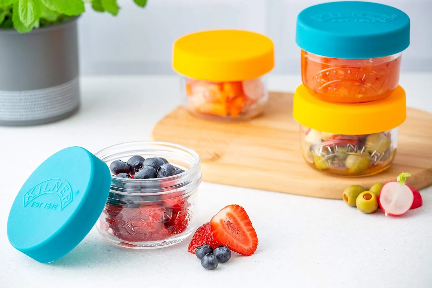 Kilner 0025.024 Set of 2 Glass Snack and Store Pots 125ml with Push Top Silicone Lids | Perfect for Snacks & Food Storage