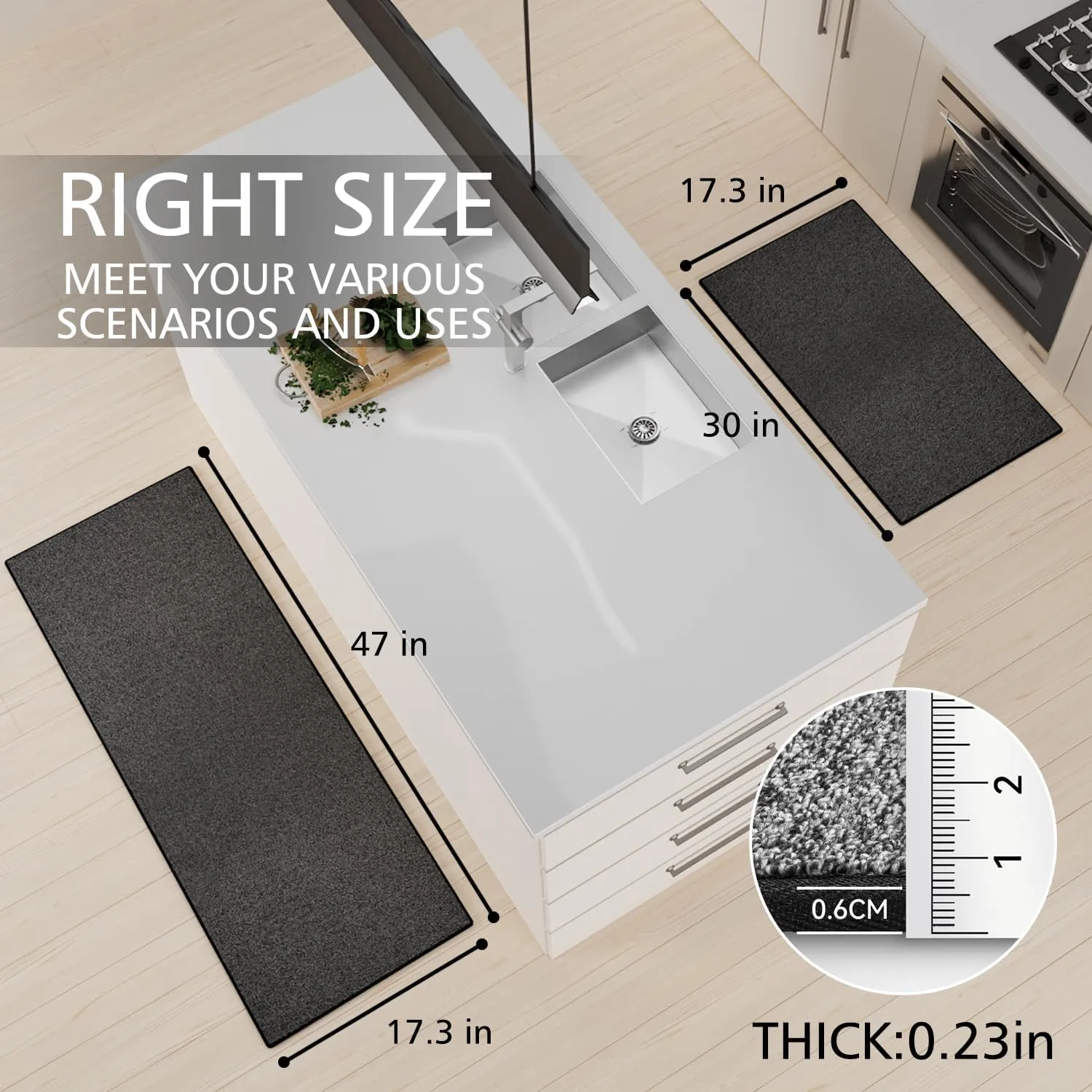 Kitchen Mat Set of 2 PCS, Cushioned Non Slip Rugs for Kitchen Floor, Absorbent Runner Comfort Standing Mats Washable for Kitchen, Office, Home (Black-Velvet, 17.3"x47" 17.3"x30")