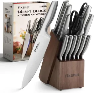 Knife Block Set, Kitchen Knife Sets with Block, FIKSHOT Knives Set for Kitchen - Razor-Sharp Santoku Knife, Fruit and Kitchen Sets - Rust Resistant for Homecooks (Silver   Walnut)