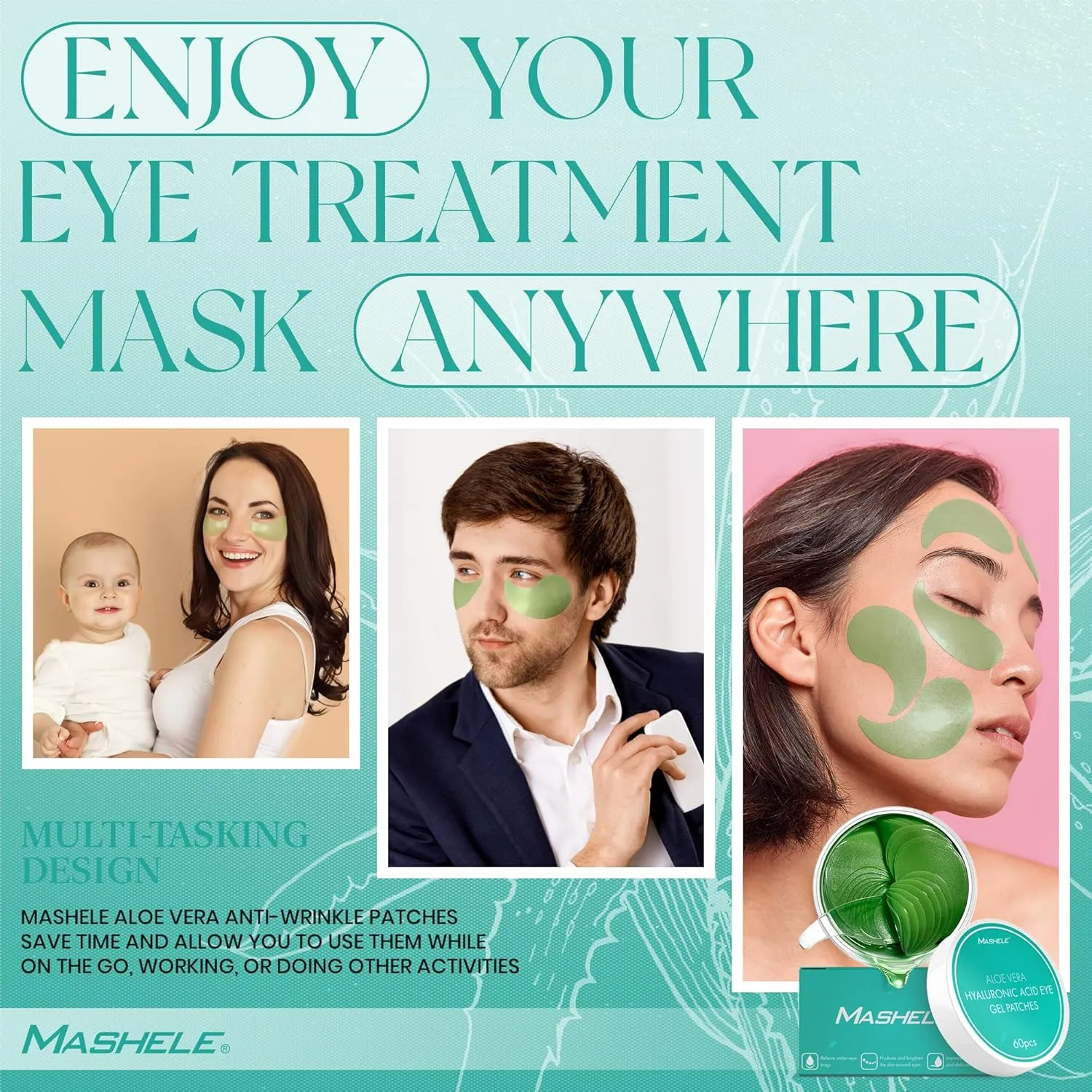 Korean 60pcs Aloe Vera Collagen Under Eye Gel Patches Mask, Treatment for Puffy Eyes, Dark Circles, Anti Wrinkle Pads, Moisturizing for Women and Men (60pcs patches aloe vera)