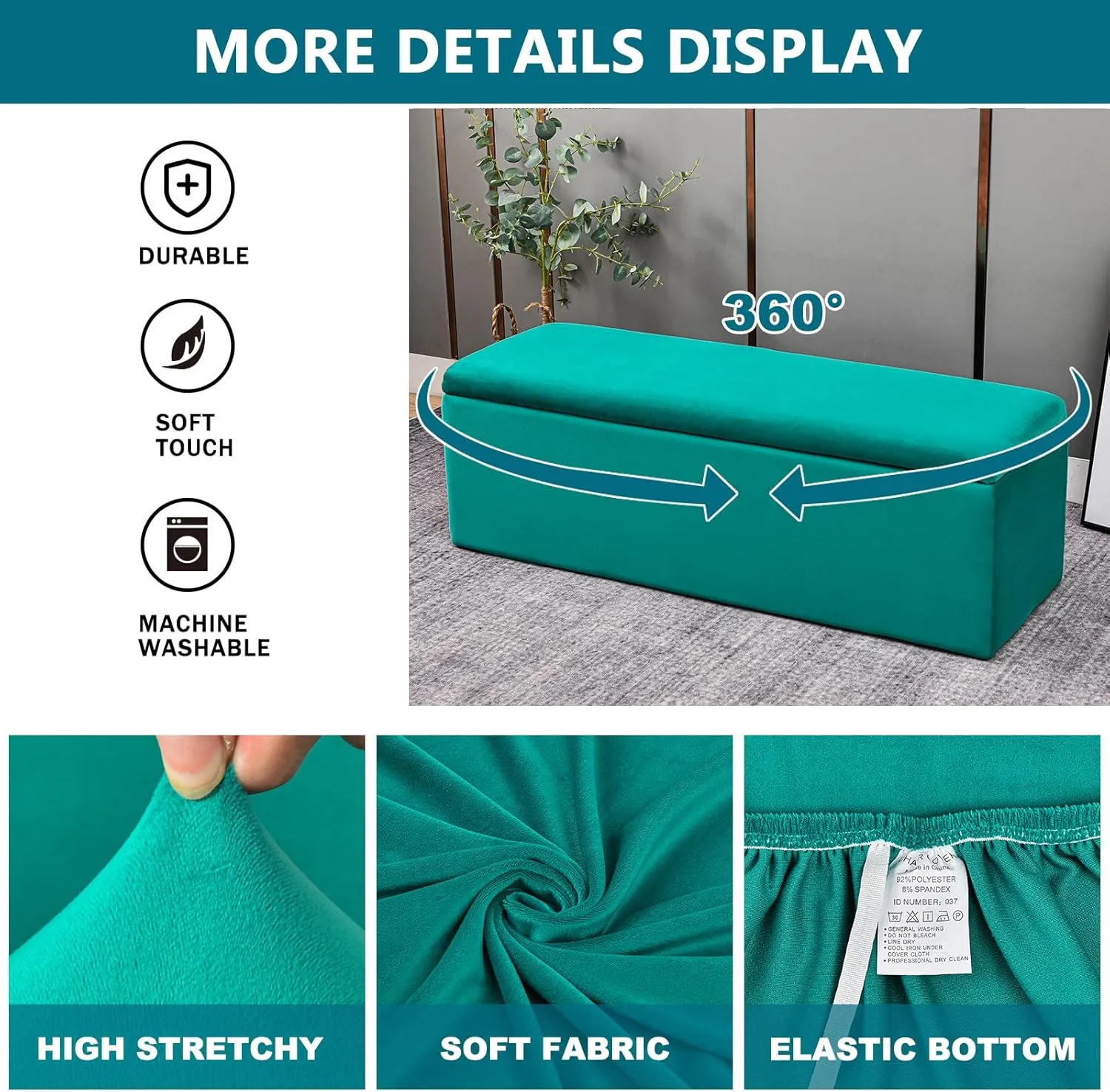KRFOONN Rectangle Ottoman Covers Stretch Storage Ottoman Slipcovers Velvet Oversized Folding Storage Bench Cover Footrest Stool Slipcover Furniture Protector for Living Room Bedroom, Blue