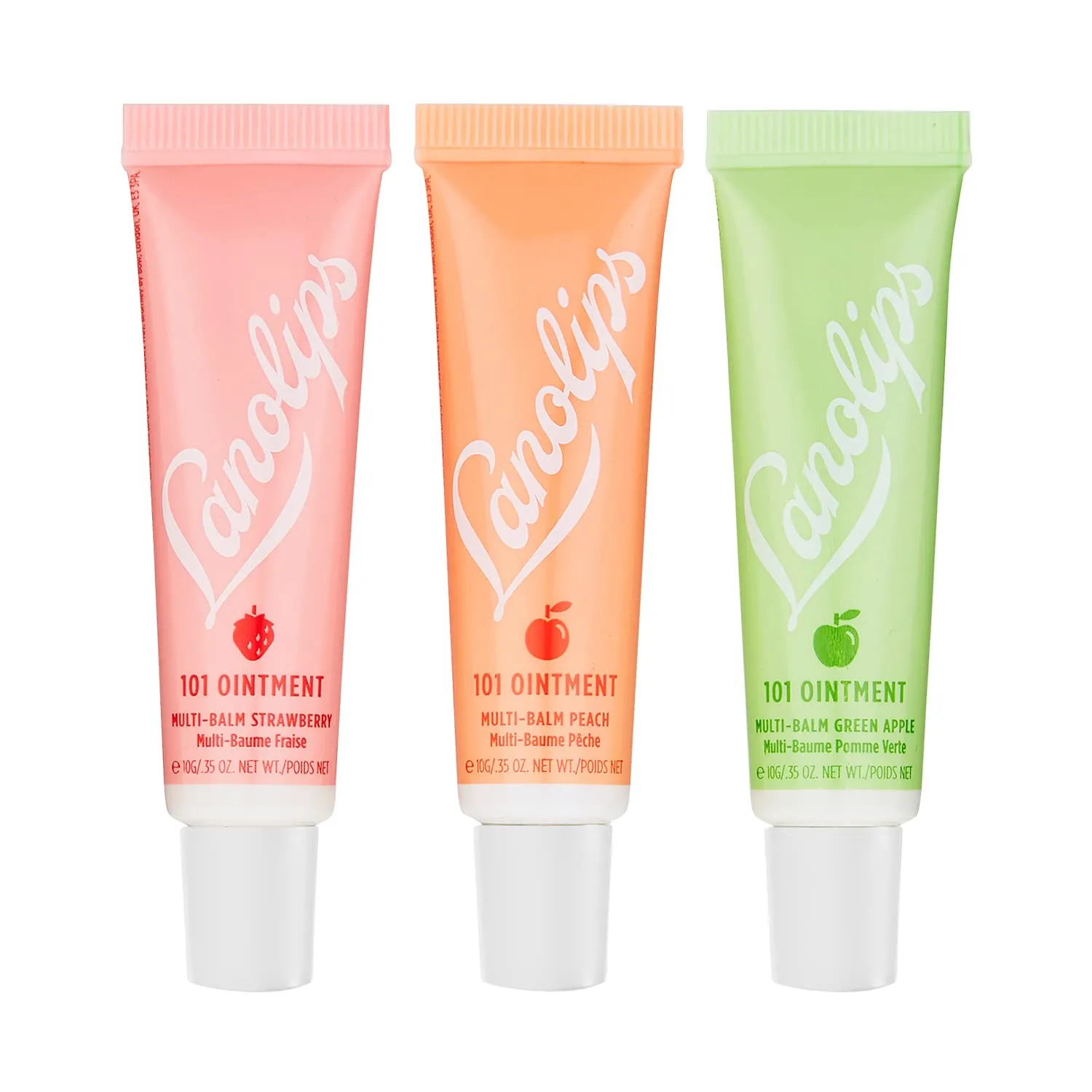 Lanolips 101 Ointment Fruities Trio - Fruity Lip Balm Gift Set & Stocking Stuffer - Strawberry, Peach & Green Apple Flavored Lip Moisturizer for Dry Lips - Dermatologist Tested (10g / 0.35oz each)