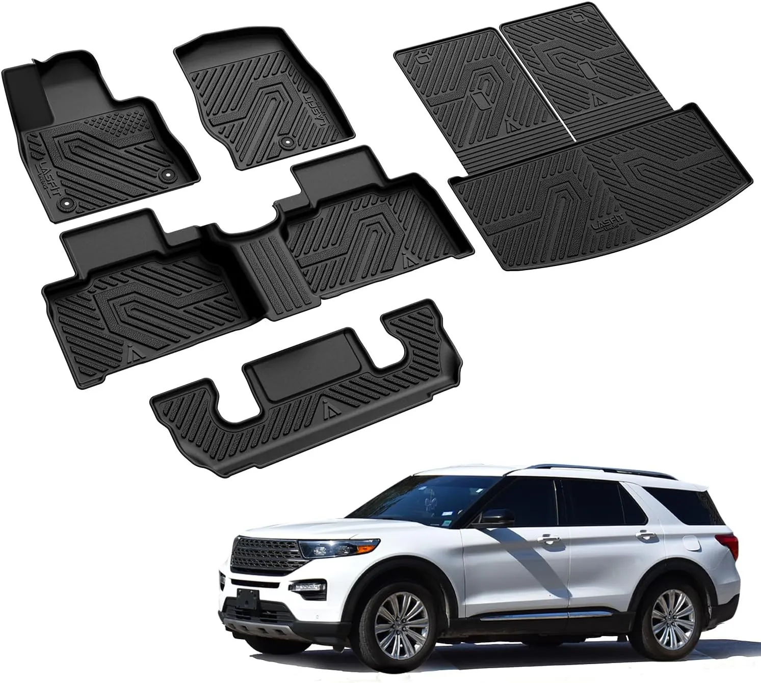 LASFIT Floor Mats & Cargo with Backrest Mat for Ford Explorer 2020-2025 6 Passenger, Custom Fit All Weather Protector TPE Easy Clean Floor Liners, 5pcs Full Set Black