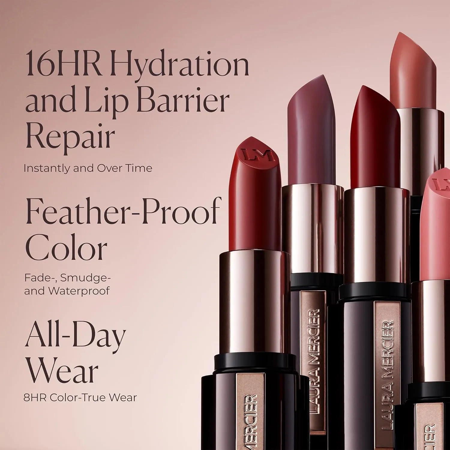 Laura Mercier Caviar Hydra Crème Lipstick, 16HR Hydration and Lip Barrier Repair, All Day Wear, Plumping, Smudge- & Fade-proof, Creamy Satin Finish, Infused with Hyaluronic Acid