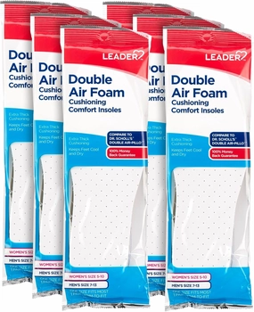 LEADER Double Air Foam Insoles, Keeps Feet Cool & Dry, Extra Thick Dual Layer, for Men & Women, One Size Fits Most, Trim to Size, Unisex, Compare to Dr. Scholls Air-Pillo, 1 Pair - Pack of 6