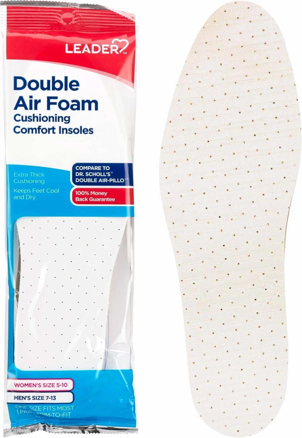 LEADER Double Air Foam Insoles, Keeps Feet Cool & Dry, Extra Thick Dual Layer, for Men & Women, One Size Fits Most, Trim to Size, Unisex, Compare to Dr. Scholls Air-Pillo, 1 Pair - Pack of 6