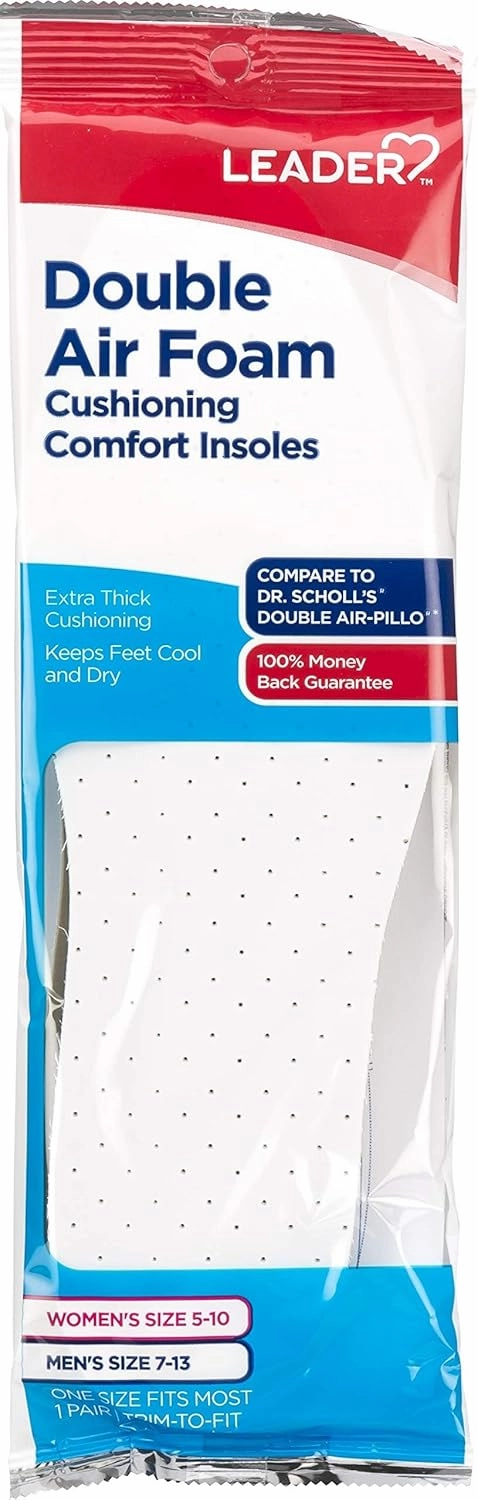 LEADER Double Air Foam Insoles, Keeps Feet Cool & Dry, Extra Thick Dual Layer, for Men & Women, One Size Fits Most, Trim to Size, Unisex, Compare to Dr. Scholls Air-Pillo, 1 Pair - Pack of 6