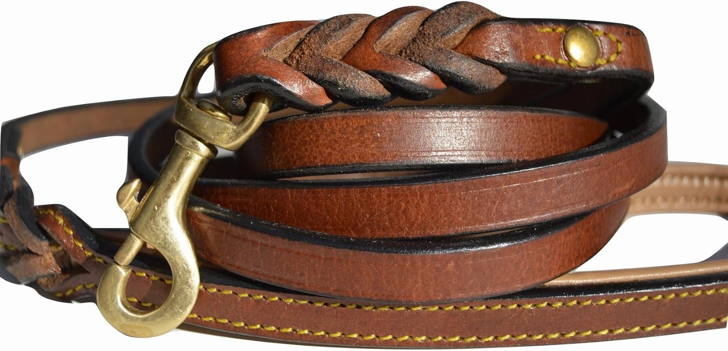 Leather Braided Dog Leash, Brown with Padded Handle for Comfort, 6 Foot