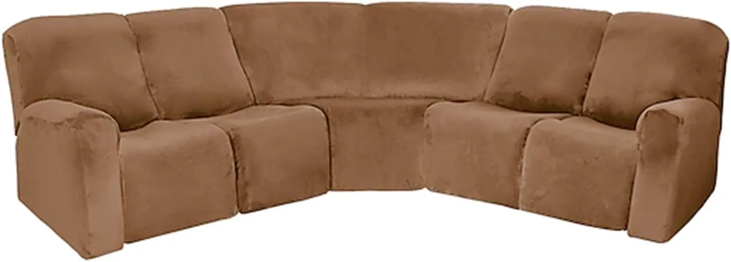 LightInTheBox 7-Piece Velvet Stretch Reclining Couch Covers 5 Seats Corner Sofa Cover L Shape Sectional Recliner Sofa Covers for Sofa Anti Slip Furniture Protector Thick Soft Washable (Brown)