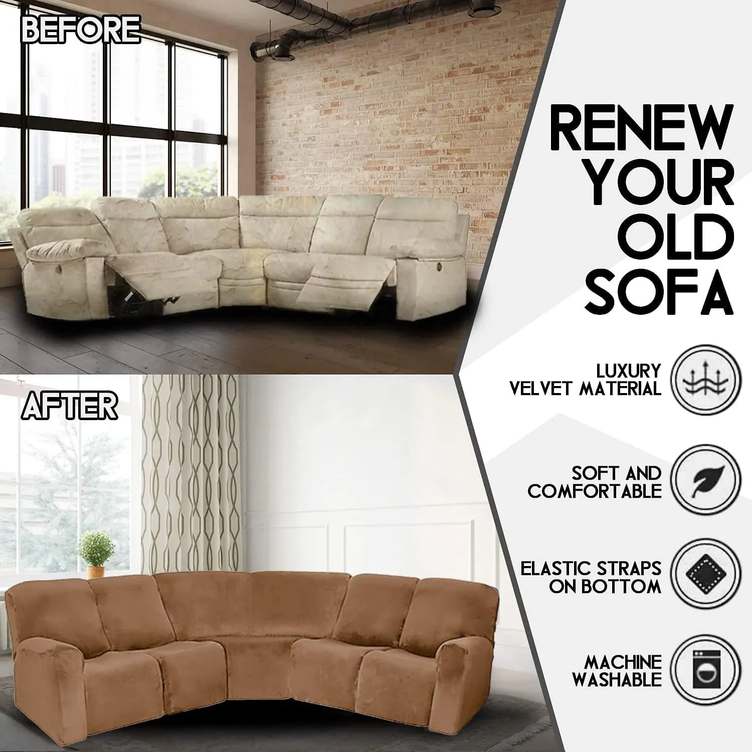 LightInTheBox 7-Piece Velvet Stretch Reclining Couch Covers 5 Seats Corner Sofa Cover L Shape Sectional Recliner Sofa Covers for Sofa Anti Slip Furniture Protector Thick Soft Washable (Brown)