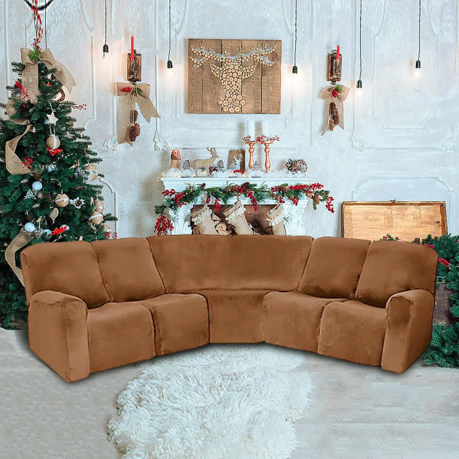 LightInTheBox 7-Piece Velvet Stretch Reclining Couch Covers 5 Seats Corner Sofa Cover L Shape Sectional Recliner Sofa Covers for Sofa Anti Slip Furniture Protector Thick Soft Washable (Brown)