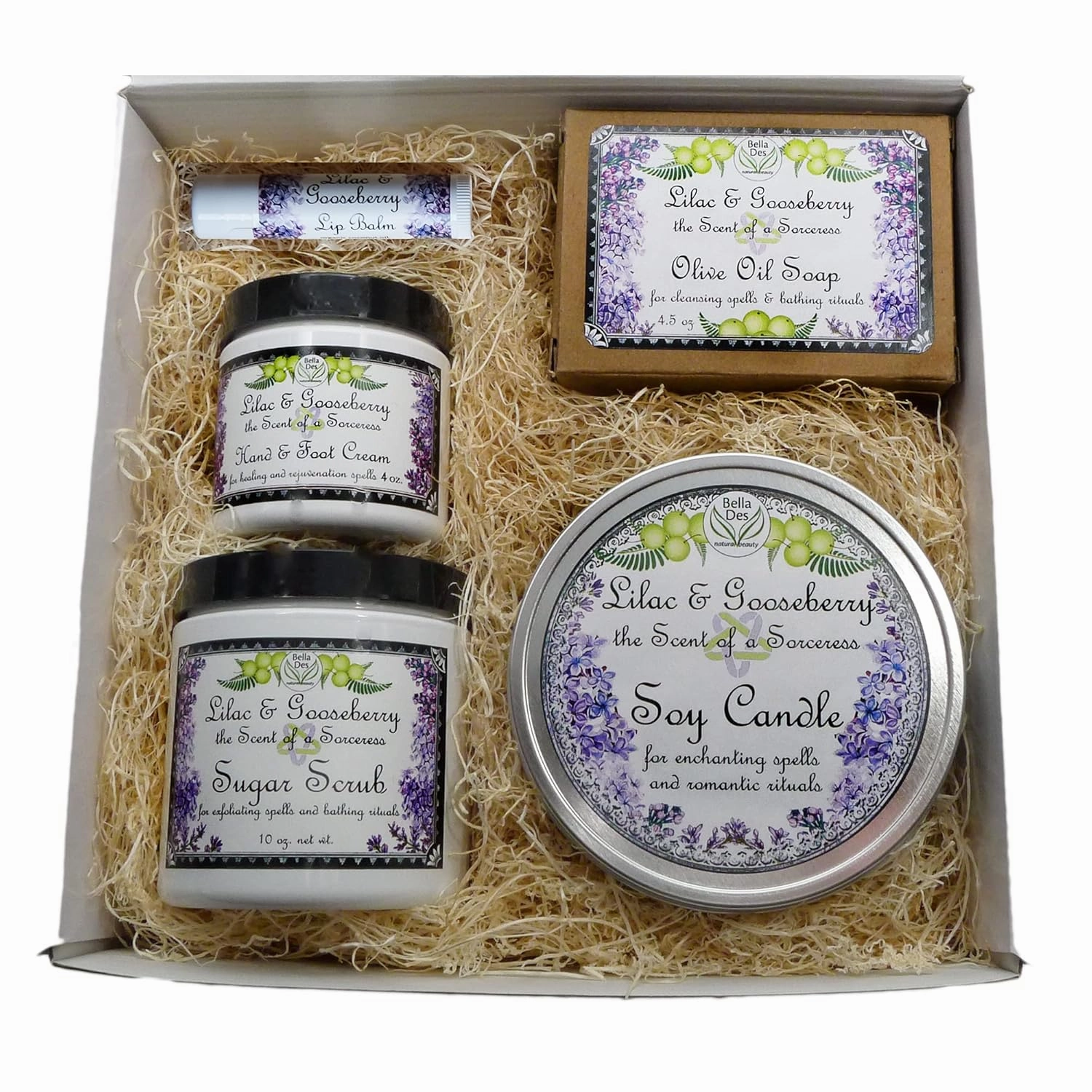 Lilac and Gooseberry Gift Box | Soap, Scrub, Large Candle, Hand & Foot Cream, and Lip Balm | Full Size Products | In Box with Bow | Scent of a Sorceress by Bella Des Natural Beauty