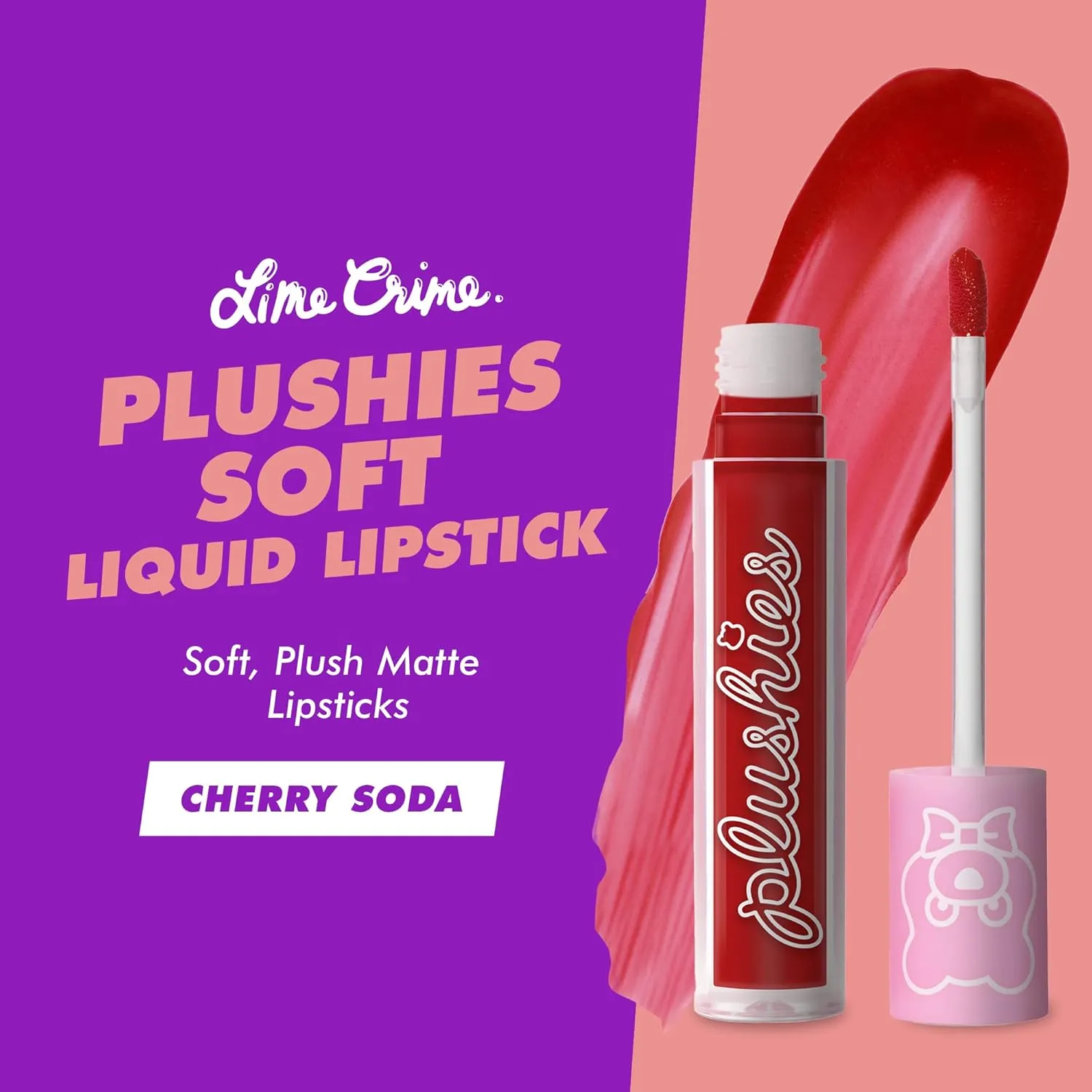 Lime Crime Plushies Soft Matte Lipstick, Cherry Soda (Muted Cherry Red) - Blackberry Candy Scent - Plush, Long Lasting & High Comfort for All-Day Wear - Talc-Free & Paraben-Free