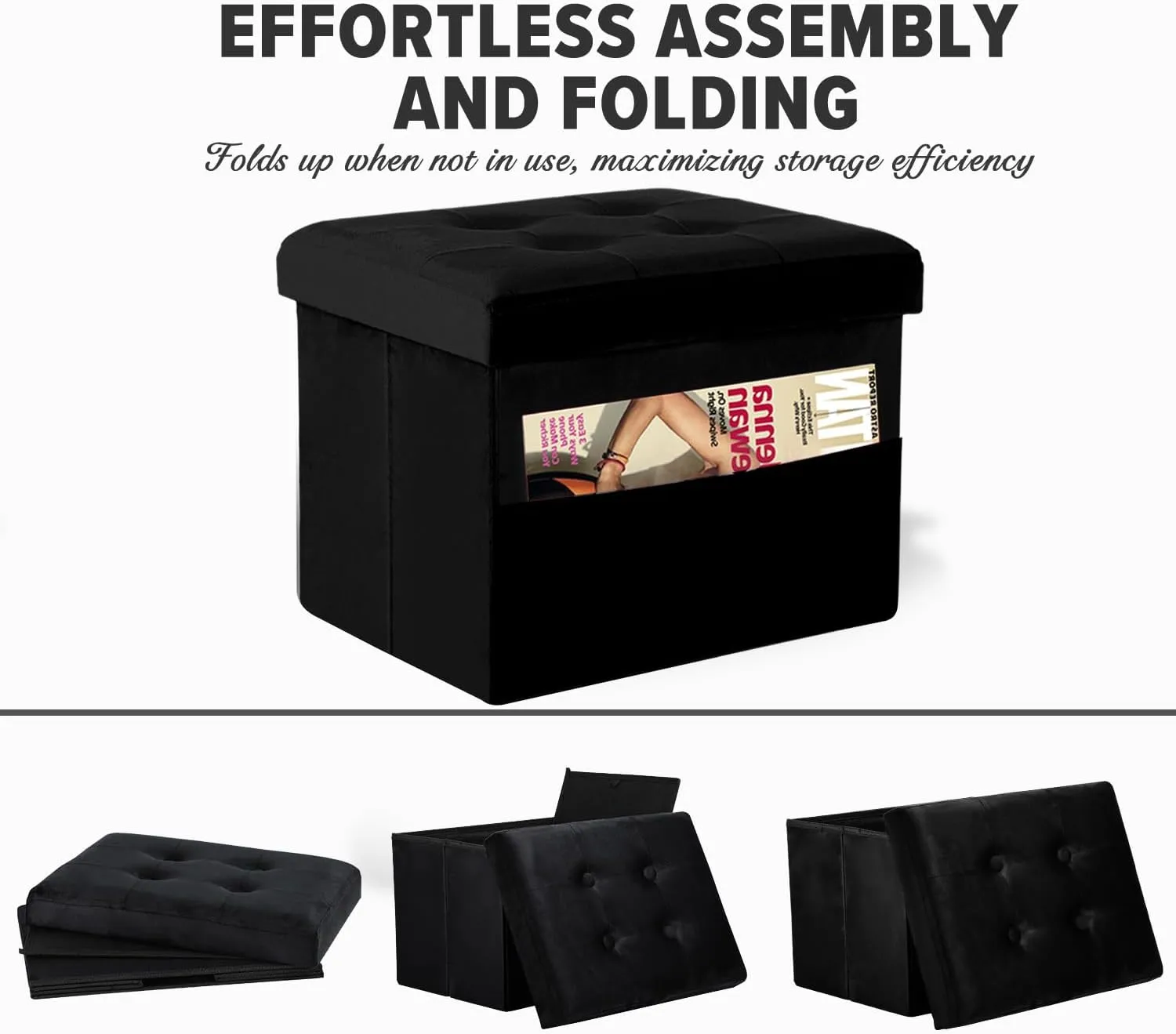 LINMAGCO Storage Ottoman Folding Foot Stool Foot Rest with Side Pocket Modern Ottoman with Storage Short Sofa Stool Velvet 17x13x13(Black)