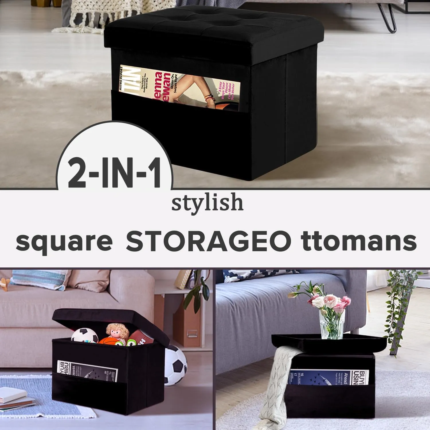 LINMAGCO Storage Ottoman Folding Foot Stool Foot Rest with Side Pocket Modern Ottoman with Storage Short Sofa Stool Velvet 17x13x13(Black)