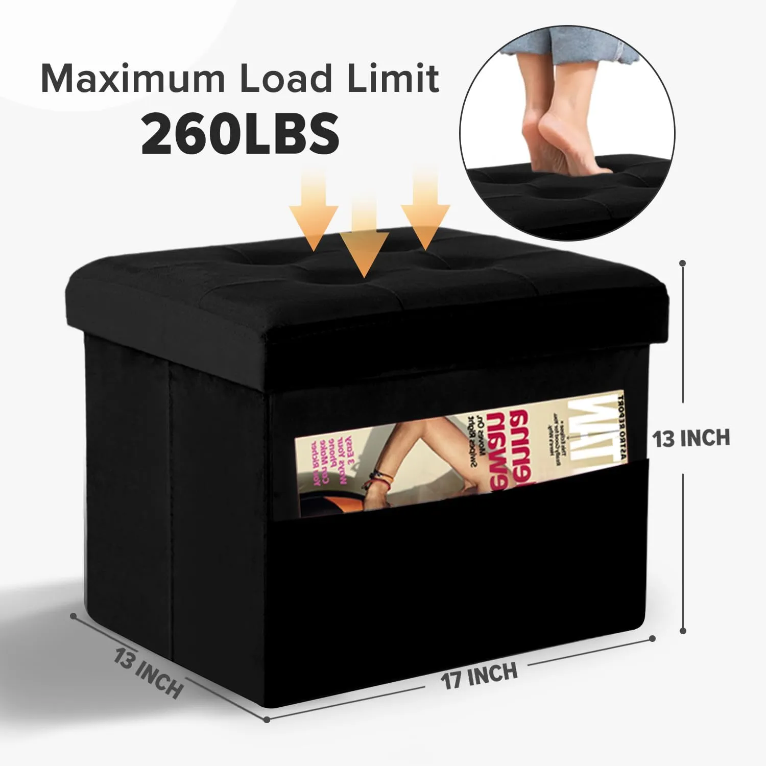 LINMAGCO Storage Ottoman Folding Foot Stool Foot Rest with Side Pocket Modern Ottoman with Storage Short Sofa Stool Velvet 17x13x13(Black)