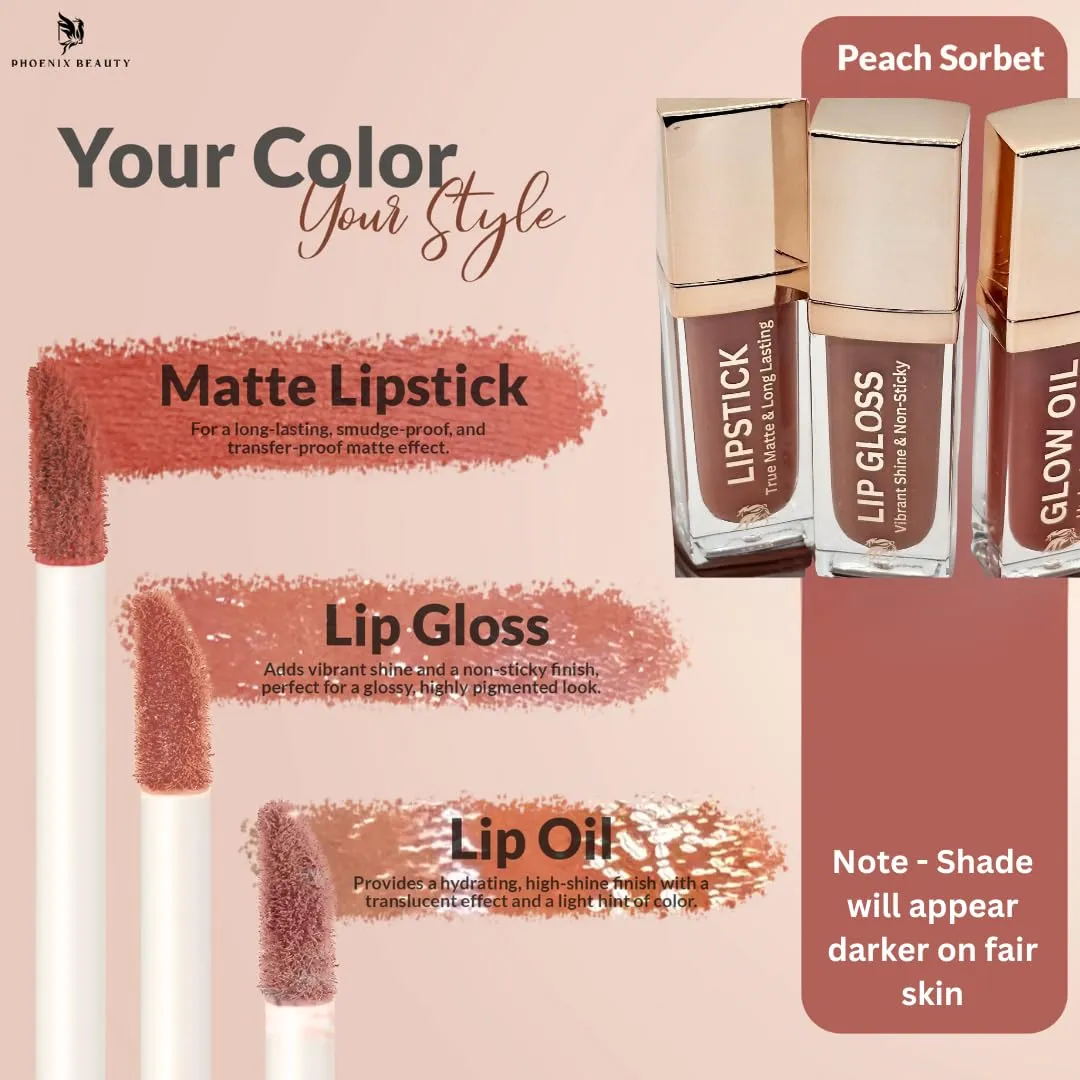 Lip Trio: Smudge-Proof Long Stay Matte Lipstick, Vibrant Lip Gloss & Hydrating Lip Oil; Jojoba Oil; Vitamin E; Mother's Day Gift; Premium Lip Care & Color Set; Warm Nude (Peach Sorbet)
