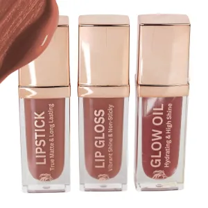 Lip Trio: Smudge-Proof Long Stay Matte Lipstick, Vibrant Lip Gloss & Hydrating Lip Oil; Jojoba Oil; Vitamin E; Mother's Day Gift; Premium Lip Care & Color Set; Warm Nude (Peach Sorbet)