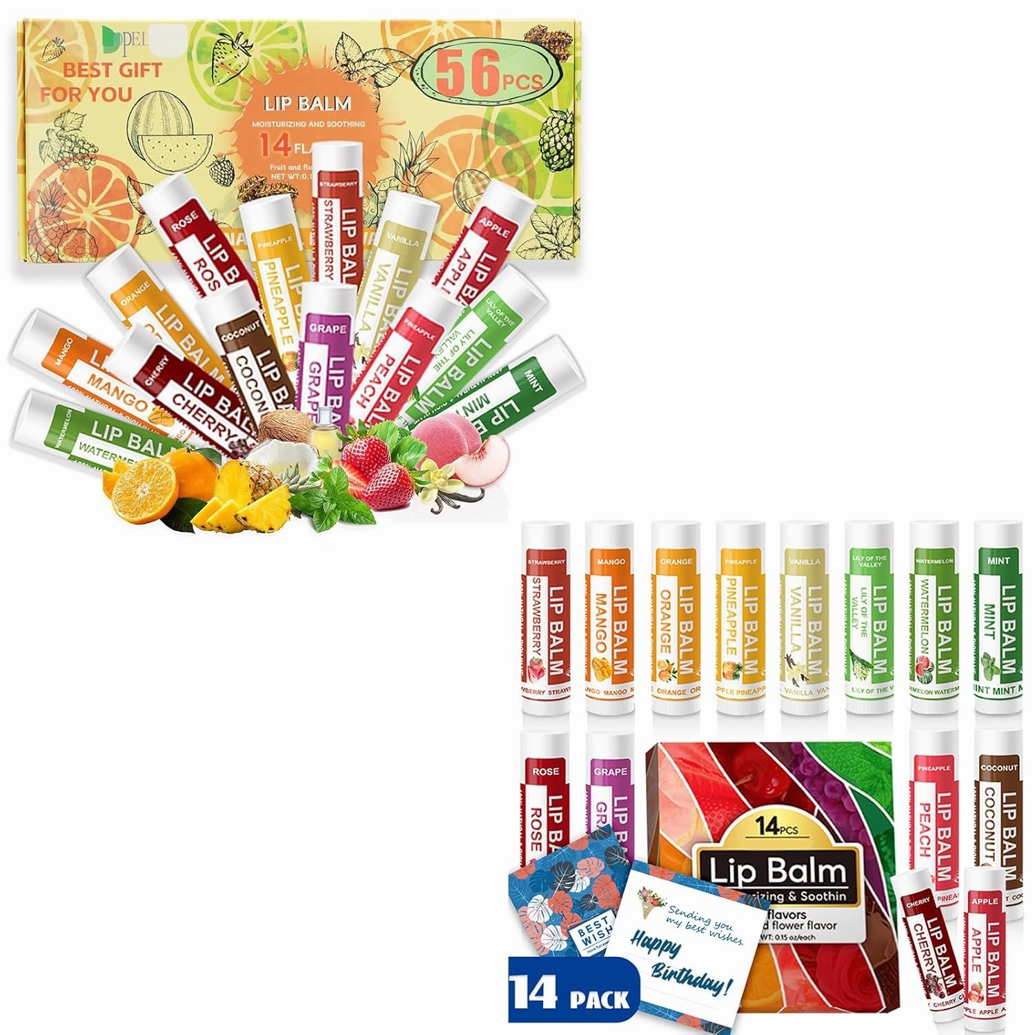 Lip Balm 56 Pack and 14 Pcs Natural Chap Sticks Bulk for Men Women Kids