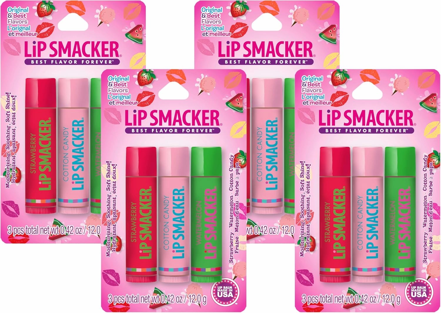 Lip Smackers Flavored Lip Balm Trio Original & Best, Strawberry Watermelon, Cotton Candy, Clear Matte, For Kids, Women, Men,3 Count (Pack of 4)
