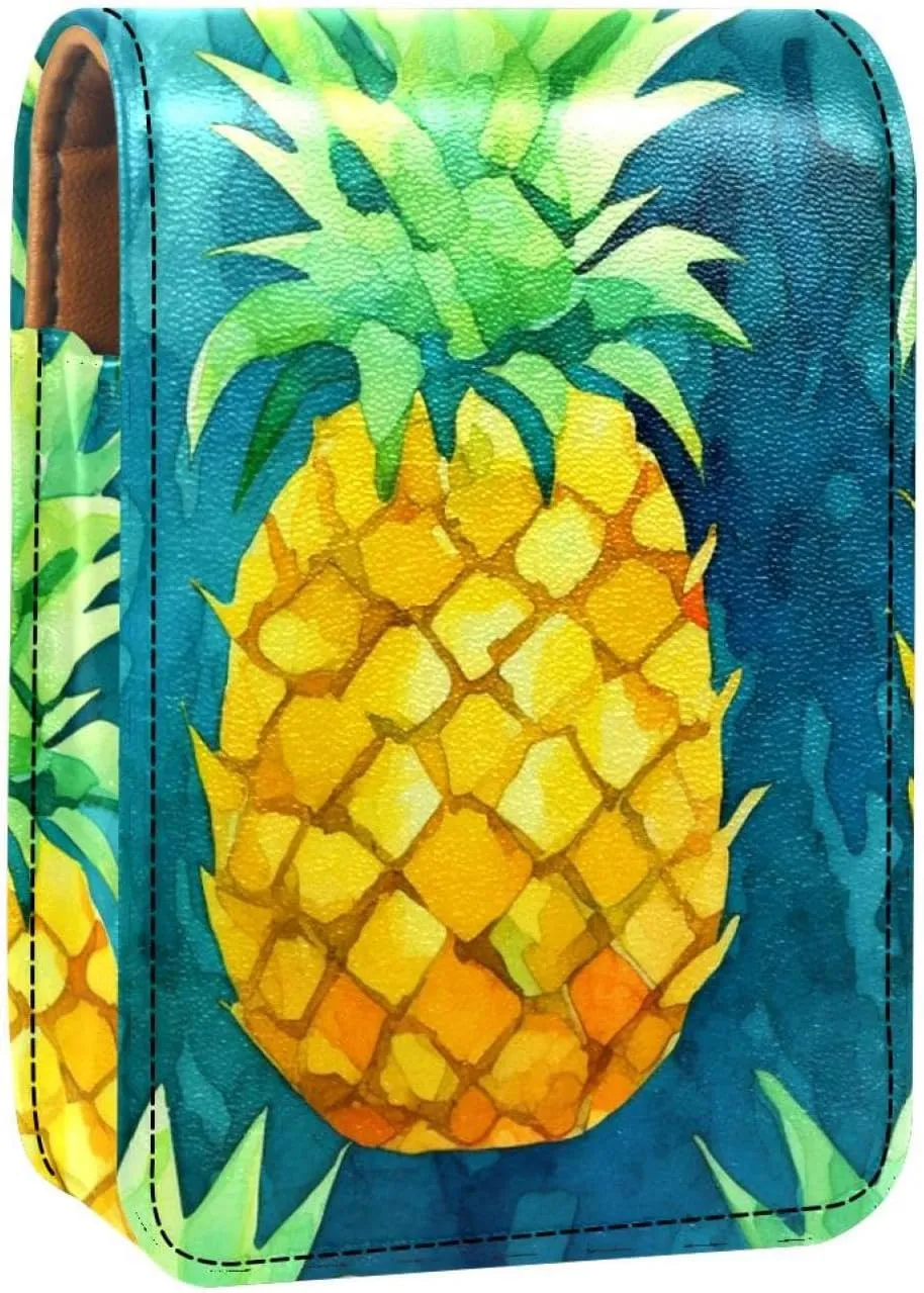 Lipstick Case,Leather Lip Gloss Lipstick Organizer with Mirror,Mini Lipstick Holder Bag,Floral Gold Fruit Pineapple