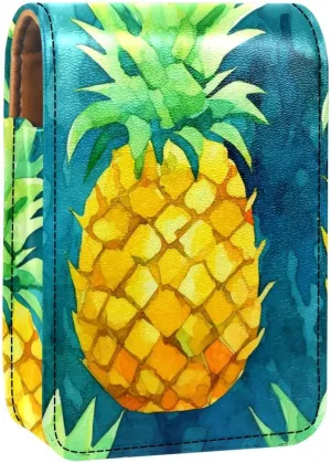 Lipstick Case,Leather Lip Gloss Lipstick Organizer with Mirror,Mini Lipstick Holder Bag,Floral Gold Fruit Pineapple