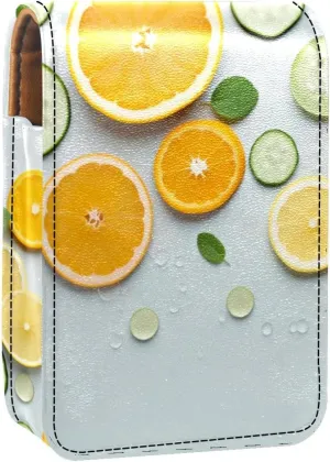 Lipstick Case,Leather Lip Gloss Lipstick Organizer with Mirror,Mini Lipstick Holder Bag,Orange Fruit Sliced Pattern