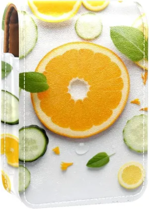 Lipstick Case,Leather Lip Gloss Lipstick Organizer with Mirror,Mini Lipstick Holder Bag,Orange Fruit Sliced Pattern
