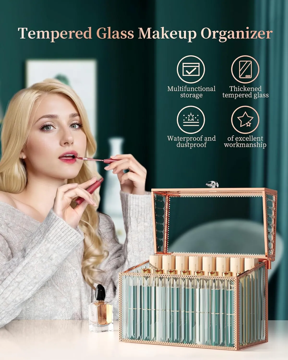 Lipstick Organizer Lipstick Holder - 24 Spaces, Tempered Glass Lip Gloss and Perfume Organizer,Vanity Lipstick Holder and Organizer.