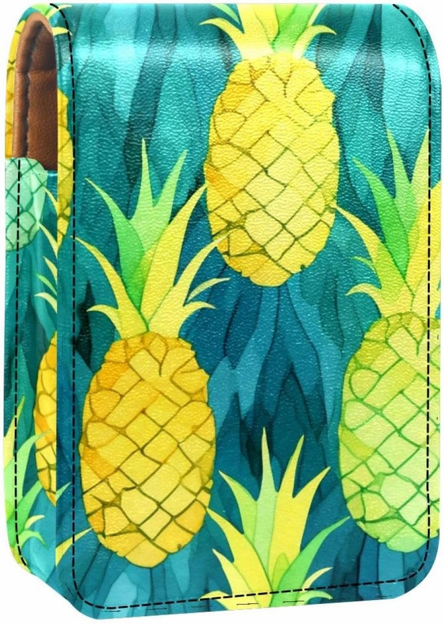 Lipstick Case,Leather Lip Gloss Lipstick Organizer with Mirror,Mini Lipstick Holder Bag,Floral Gold Fruit Pineapple