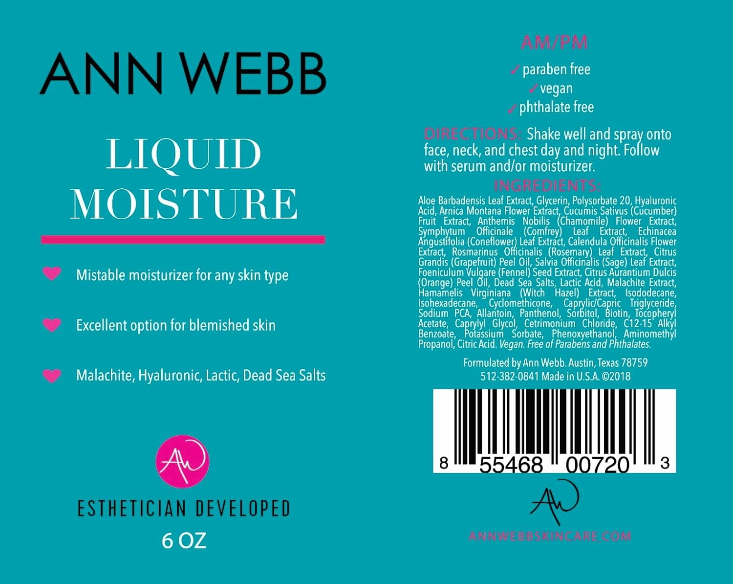 Liquid Moisture Mist - Face Mist Hydrating Spray Rejuvenates, Refreshes, Soothes & Invigorates Skin Non-Greasy Lightweight for extra hydration. Light, fresh, orange/mint scent (16oz)