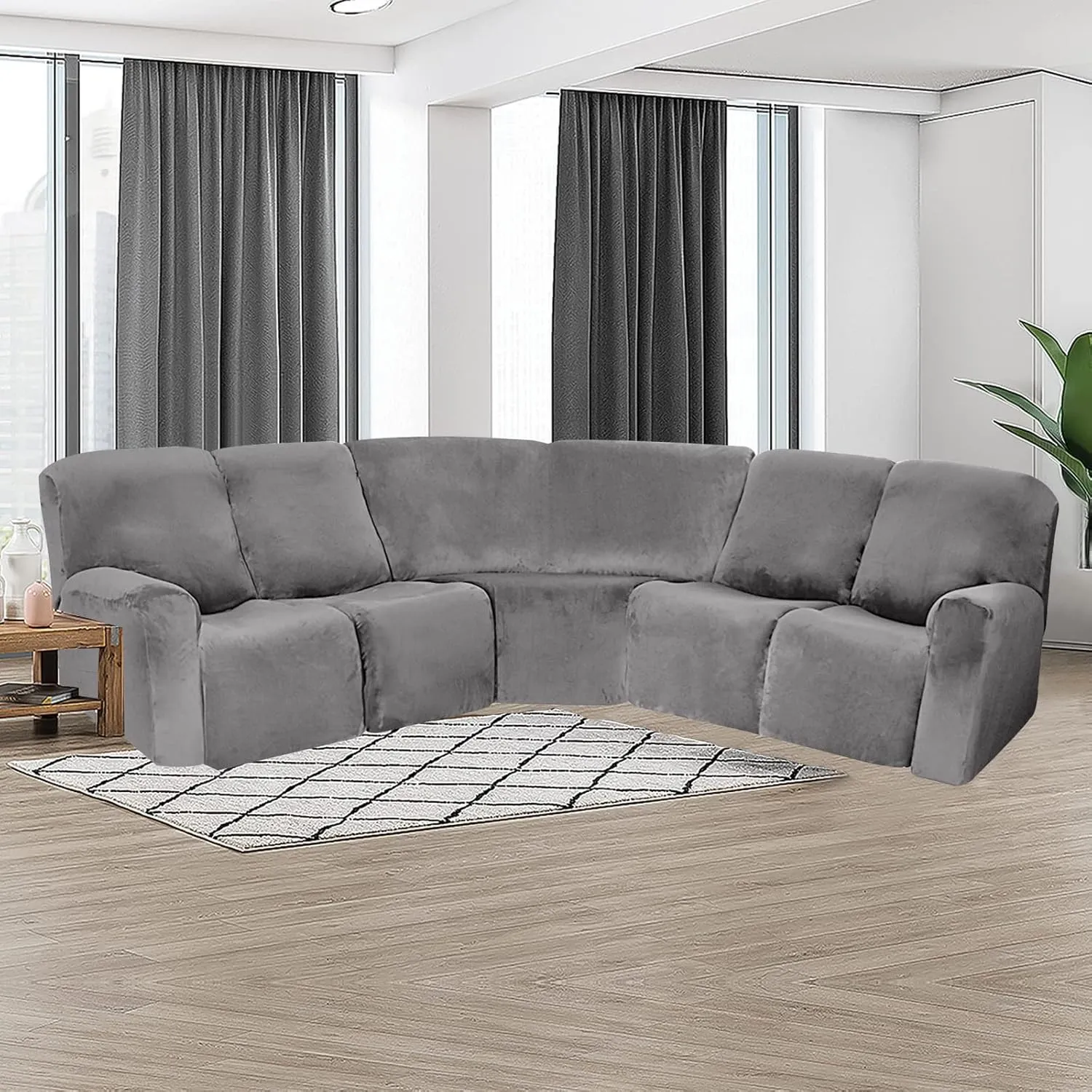 LiveGo L Shape Velvet Stretch Recliner Corner Sofa Cover, Corner Sofa Covers for Sectional Sofa Set, for Reclining L Shape Sofa Slipcovers Thick, Soft, Durable Furniture Protector (Grey)