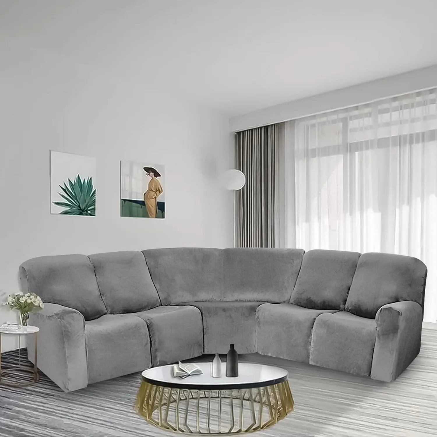 LiveGo L Shape Velvet Stretch Recliner Corner Sofa Cover, Corner Sofa Covers for Sectional Sofa Set, for Reclining L Shape Sofa Slipcovers Thick, Soft, Durable Furniture Protector (Grey)