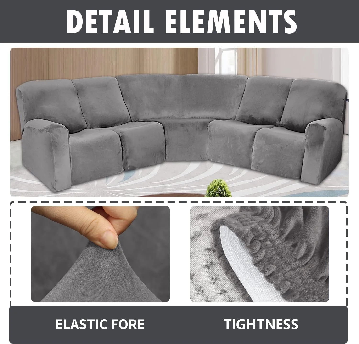 LiveGo L Shape Velvet Stretch Recliner Corner Sofa Cover, Corner Sofa Covers for Sectional Sofa Set, for Reclining L Shape Sofa Slipcovers Thick, Soft, Durable Furniture Protector (Grey)